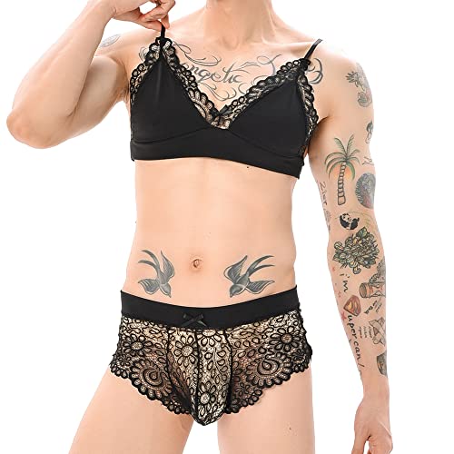 YUFEIDA Herren Sissy BH Einstellbare Mini Bralette Top Spitze Boxer Briefs Dessous Set für Crossdresser Transgender von YUFEIDA