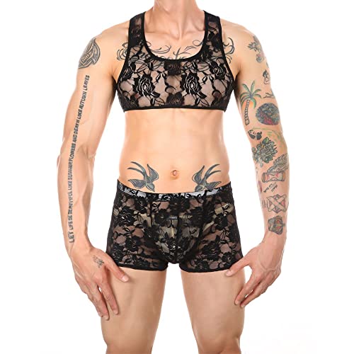 YUFEIDA Herren Slips Unterwäsche Spitze Körper Brust Mini Crop Tops Neuheit Spitze Dessous Unterwäsche Set für Männer von YUFEIDA