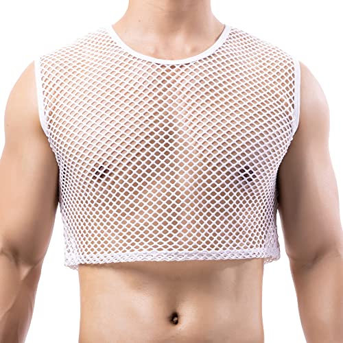 YUFEIDA Herren Unterhemden Fishnet Crop Top Mesh Durchsichtig Crop Half Tank Tops Neuheit T-Shirts Unterhemden für Herren von YUFEIDA