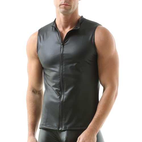 YUFEIDA Herren Unterhemden Praktische Reißverschluss Tops Ärmellose Tanktops Kunstleder Hemden Unterhemden von YUFEIDA
