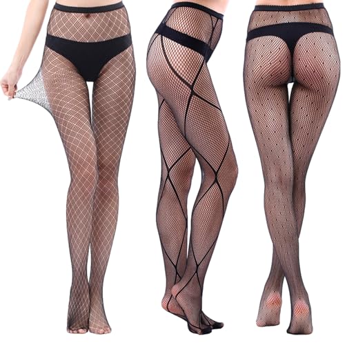 3 Paar Netzstrumpfhose Schwarz, Strumpfhosen Damen Muster Damen Reizvolle Strapsstrümpfe Set Strumpfhose Netzstrumpfhosen Perspektive Spitze Muster Elastisch Schwarz Set Schiere Mesh Loch Strumpfhose von YUFFQOPC