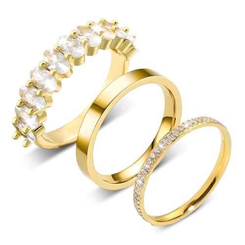 3 Stück Ringe Frauen Gold,Stapelbare Ringe Set 14 Karat Vergoldete Goldene Ringe Gold Damen mit Geschenkbox Daumenring Dünner Fingerring Einfacher Bandring Verlobungsring Engagement Ringe Größe 54-60 von YUFFQOPC