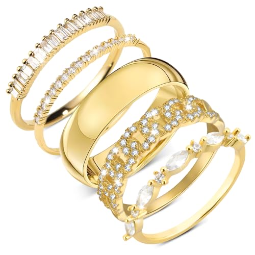 5 Stück Ring Gold Set Frauen, Stapelbare 14 Karat Vergoldete Ringe Set Mit Geschenkbox - Daumenring, Dünner Fingerring, Einfacher Bandring, Verlobungsring (60(19.0)) von YUFFQOPC