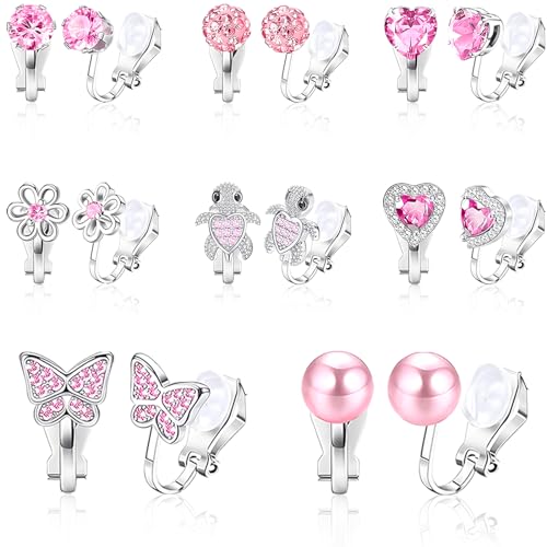 Clip Ohrringe 8 Paar Ohrclips Kinder Ohne Ohrlöcher Clip on Ohrringe Mädchen mit Schmetterlinge Blumen Liebe Schildkröten Hypoallergene Ohrclips für Kinder Mädchen Geschenk (Kombination 1) von YUFFQOPC