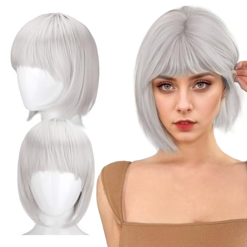 Bob Perücke Damen Kurz Mit Pony - Velma Tageshaarperücke für Partei Cosplay (Grau) von YUFFQOPC