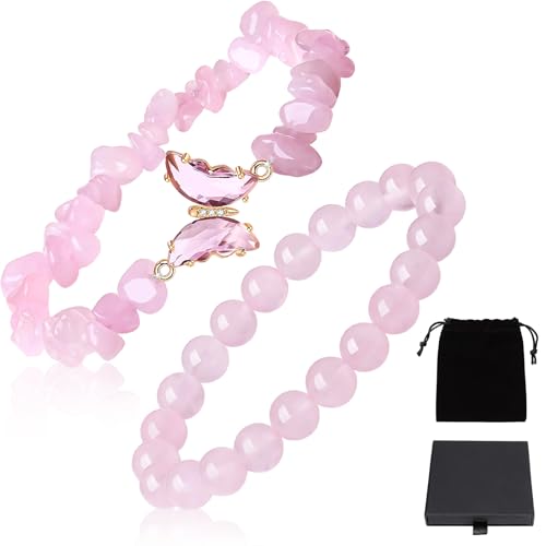 YUFFQOPC 2 Stück Edelstein Armband,Perlenarmband Damen Natürliche 8 mm Edelsteine Heilung Crystal Stretch Schmetterling Armbänder Set Natursteinperlen Heilsteine Armband für Damen Mädchen Geschenke von YUFFQOPC