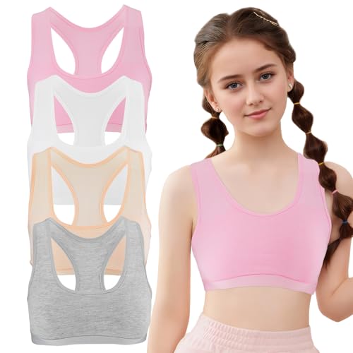 YUFFQOPC 4er Bustier Mädchen BH Mädchen Sport BHS Teens Unterwäsche,Training BHS mit Fest Gepolsterte und Verstellbarem Schultergurt, Mädchen Bustier Mädchen Gepolsterte für 9-14 Jahre von YUFFQOPC