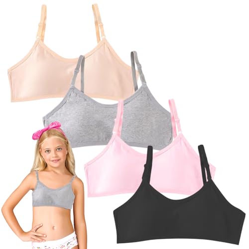 YUFFQOPC 4er-Pack Bustier Mädchen, Mädchen Sport BHS Teens Unterwäsche Teens Unterwäsche mit Fest Gepolsterte und Verstellbarem Schultergurt Bralette Top Bustier für 8-14 Jahre Kinder von YUFFQOPC