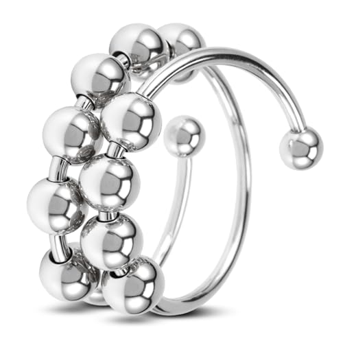 YUFFQOPC Anxiety Ring Silber 925 Damen, Verstellbar Angstring Stressring Spinner Ring Damen 925 Sterling Silber Fidget Ringe Perlen Angstringe für Angst, Schmuck Geschenke Frauen von YUFFQOPC