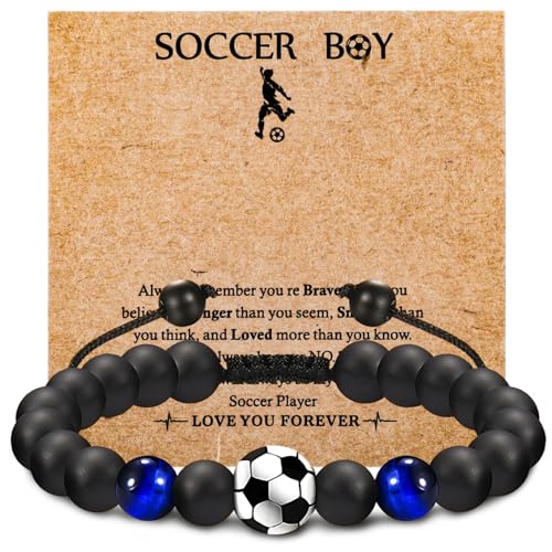 YUFFQOPC Fussball Armband für Jungen, Naturstein Fußball Armband für Sohn Teenager Enkel Neffe Bruder Abschluss 5-12 Jahre Geburtstag, Schwarz und Blau von YUFFQOPC