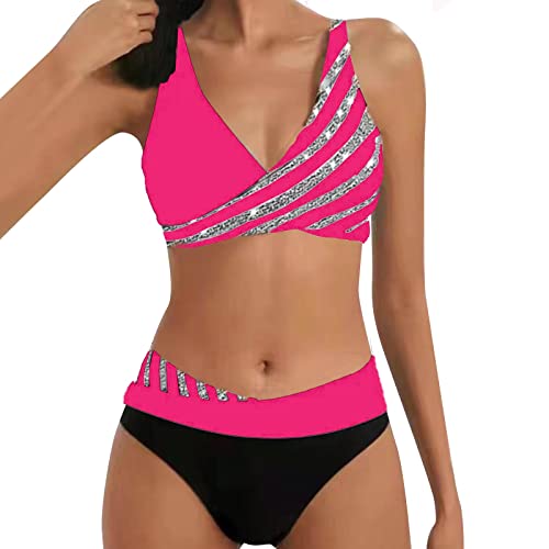 YUGHGH Bikini Damen GroßE Brüste Bauchweg Zweiteiliger Push Up Sexy Farbblockdruck Brustpolster Swimsuit Set Triangel Bikini Swimsuit Beachwear Leopard Front (Hot Pink-7, XXL) von YUGHGH