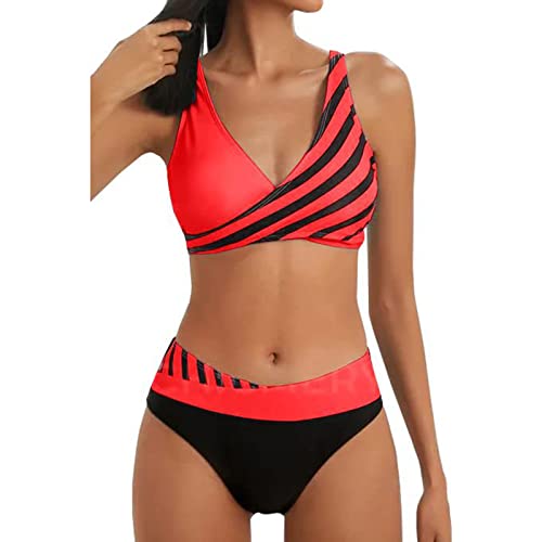 YUGHGH Bikini Damen GroßE Brüste Bauchweg Zweiteiliger Push Up Sexy Farbblockdruck Brustpolster Swimsuit Set Triangel Bikini Swimsuit Beachwear Leopard Front (Red-1, L) von YUGHGH