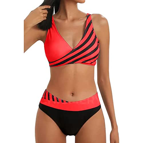 YUGHGH Bikini Damen GroßE Brüste Bauchweg Zweiteiliger Push Up Sexy Farbblockdruck Brustpolster Swimsuit Set Triangel Bikini Swimsuit Beachwear Leopard Front (Red-1, XL) von YUGHGH