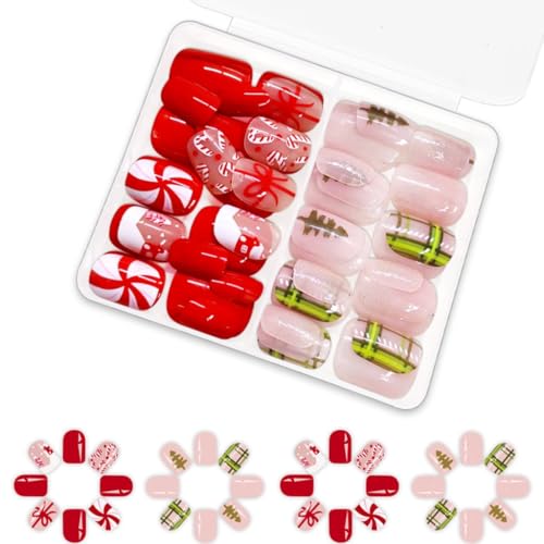 Kurze quadratische künstliche Nägel mit Weihnachtsbaum, Weihnachten, zum Aufdrücken der Nägel, Streifen, volle Abdeckung, zum Aufkleben auf Nägel für Frauen und Mädchen von YUGSHNKFC