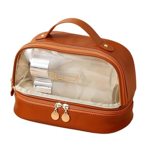 Transparente Make-up-Tasche, Reise-Kulturbeutel für Damen, PU-Leder, Reise-Kosmetiktasche, tragbarer Make-up-Organizer, transparente Make-up-Tasche mit Reißverschluss, mokkabraun, Mass Beauty von YUGSHNKFC
