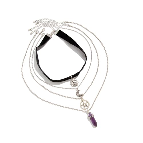 YUGSHNKFC 4 x mehrlagige Gothic-Halskette mit Sonne und Mond, einfache Halskette, künstlicher Kristall, geeignet für verschiedene Anlässe, Halloween-Schmuck von YUGSHNKFC