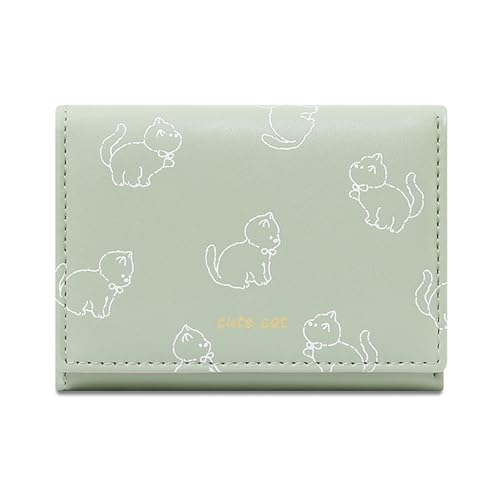 YUGSHNKFC Cartoon Cats Designs Damen Trifold Wallet in Schwarz PU Leder Münzbörse Kartenhalter mit Klarem Fenster für den täglichen Gebrauch PU Leder Geldbörse, grün, Mass Beauty von YUGSHNKFC
