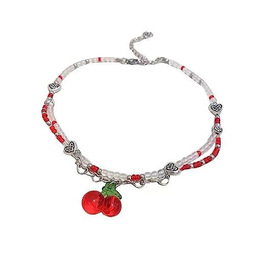 YUGSHNKFC Choker-Halskette mit Obstkirschen für Damen und Mädchen, modische rot-weiße Perlen, handgefertigt, Perlen-Halskette von YUGSHNKFC