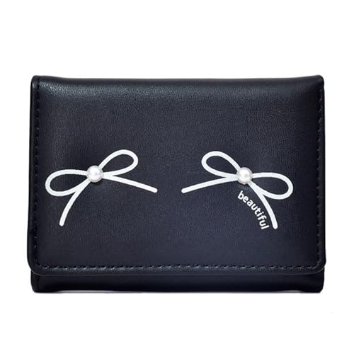 YUGSHNKFC Damen Geldbörse PU Leder Münzbörse mit eleganten Schleifen Designs und Kunstperlen Detail für stilvolle Damen und Studenten Kompakte Reisebrieftasche, Schwarz , Mass Beauty von YUGSHNKFC