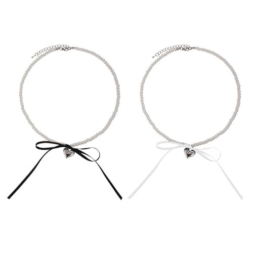 YUGSHNKFC Elegante Halskette, Schleife, Herzanhänger, Halskette, Perlen, Halsband, Kette für Damen, stilvolles Ornament, 2 Stück von YUGSHNKFC