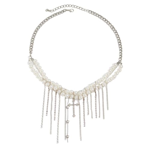 YUGSHNKFC Elegante Quasten-Halskette mit verstellbarer Kette, leichtes Design für Damen, Modeschmuck, Kunstperlen-Akzente, Legierung, Imitationsperle von YUGSHNKFC