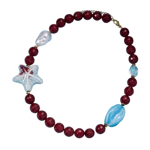 YUGSHNKFC Elegante rote Perlen-Halskette, Perlen, Schlüsselbein-Kette, verstellbarer Seestern-Anhänger, Halskette, Strandurlaub-Schmuck von YUGSHNKFC