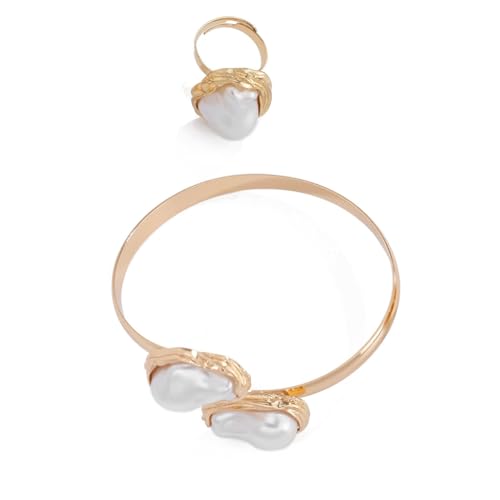 YUGSHNKFC Elegantes Damen-Schmuck-Set, unregelmäßige Perlen, Ringe und Armband mit Barock beeinflussen den täglichen Gebrauch, Freizeitkleidung, Eisen + Legierung + Imitationsperle von YUGSHNKFC