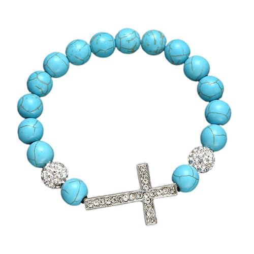 YUGSHNKFC Flexible Elastische Schnur Türkisstein Steinperlen Dehnbares Armband Mit Kruzifix Charme Handgefertigt Spirituelle Accessoire Elastic Handkette von YUGSHNKFC