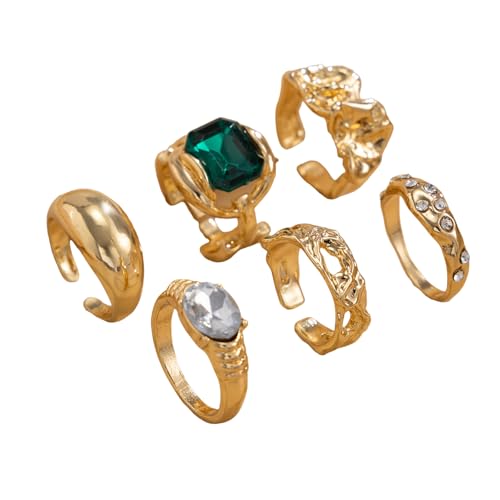 YUGSHNKFC Frauen Goldfarbe Schmuckset 6 Verstellbare Ringe Zirkonakzente Stapelbares Geschenk Eingelegtes Zirkon Schmuckset Moderne Strasssteine Für Den Täglichen Verschleiß von YUGSHNKFC