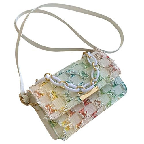 YUGSHNKFC Karteierte Jeans Klappe Umhängetasche Handtasche Mit Kettengriff Verstellbarer Riemen Jeans Tassels Crossbody Geldbörse Für Frauen Karierte Denims Umhängetasche von YUGSHNKFC