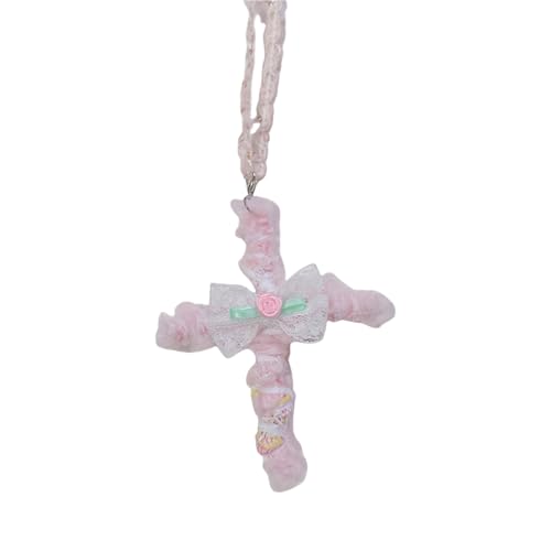 YUGSHNKFC Lolitas Styles Stoff Kreuzt Halskette Mit Komplizierten Spitzenrosen Handwerk Verstellbare Ketten Mode Schmuckkreuz von YUGSHNKFC
