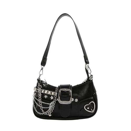 YUGSHNKFC Punk PU Leder Single Umhängetasche mit Kette für Frauen Grunge Star Nieten Unterarm Geldbörse Handtasche Reißverschluss Achseltasche, Schwarz von YUGSHNKFC