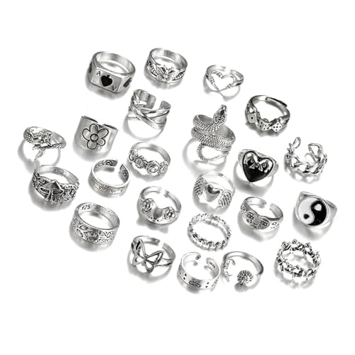 YUGSHNKFC Set Von 24 Gotischen Silbernen Ringen Set Elegante Grunge Rings Kollektion Einschließlich Blumen Und Schmetterling Für Frauen von YUGSHNKFC