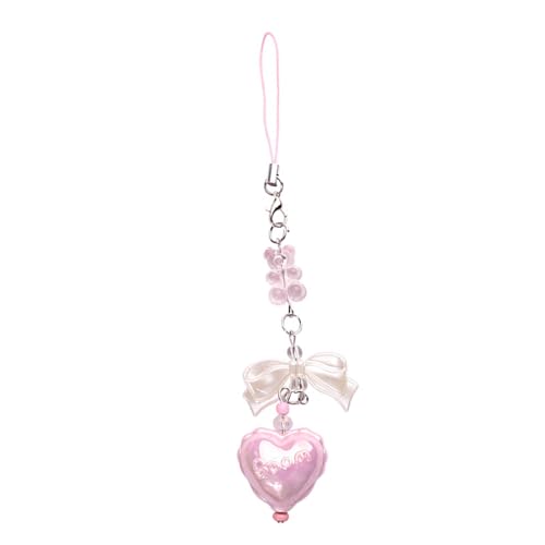 YUGSHNKFC Stylish Love Heart Keychain Accessoire Modische Acrylzauber Straps Zierter Herz Perlen Bowknot Phone Gurte Kette Telefon Charme von YUGSHNKFC