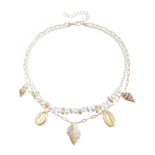 YUGSHNKFC Trendige Muschelperlen, Legierung, Schicht-Halskette für Strandpartys, Sommer, Modeschmuck, Geschenk, Muschelperlen, Schichtkette von YUGSHNKFC