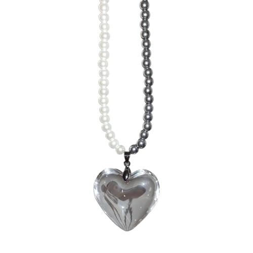 YUGSHNKFC Weibliche runde Perlenkette Schlüsselbeinkette Glas Liebesform Halskette einfaches Temperament Kaltherzhalskette, Kunstperlen von YUGSHNKFC