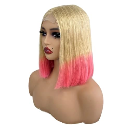 10 Zoll Bob Perücke Echthaar 2x6 Lace Front Perücken Echthaar 250 Dichte for schwarze Frauen Fügt Haarvolumen hinzu(Blonde+pink) von YUHANXINHESHE