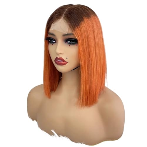 10 Zoll Bob Perücke Echthaar 2x6 Lace Front Perücken Echthaar 250 Dichte for schwarze Frauen Fügt Haarvolumen hinzu(Brown+Orange) von YUHANXINHESHE