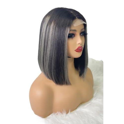 10 Zoll Bob Perücke Echthaar 2x6 Lace Front Perücken Echthaar 250 Dichte for schwarze Frauen Fügt Haarvolumen hinzu(Gray Highlight) von YUHANXINHESHE