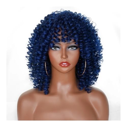 14 Inch Afro Curly Hair Wig with Bangs for Black Women Synthetic Wigs Glueless for Daily Party Fügt Haarvolumen hinzu(M1B-BLUE) von YUHANXINHESHE