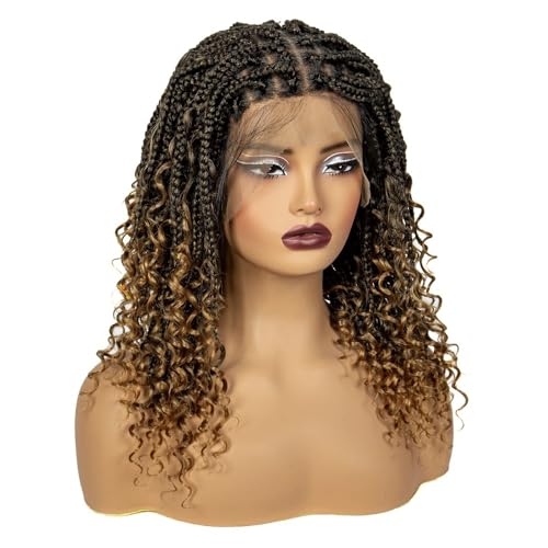 16 Zoll knotenlose geflochtene Perücken mit lockiger synthetischer Vollspitze, kurze Boho-Bob-Perücke for schwarze Frauen Fügt Haarvolumen hinzu(Brown+Honey Blonde) von YUHANXINHESHE