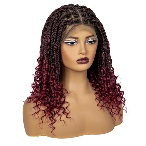 16 Zoll knotenlose geflochtene Perücken mit lockiger synthetischer Vollspitze, kurze Boho-Bob-Perücke for schwarze Frauen Fügt Haarvolumen hinzu(Brown+Wine red) von YUHANXINHESHE