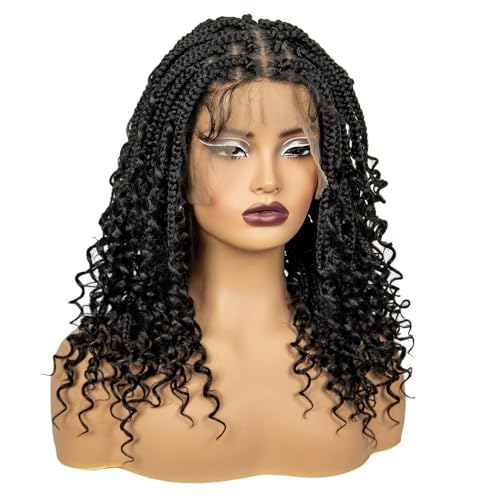 16 Zoll knotenlose geflochtene Perücken mit lockiger synthetischer Vollspitze, kurze Boho-Bob-Perücke for schwarze Frauen Fügt Haarvolumen hinzu(Jet black) von YUHANXINHESHE