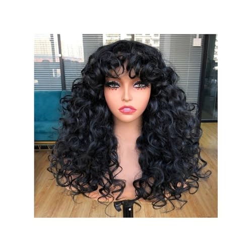 17 inch Long Curly Wigs with Bangs for Women Synthetic Hair Wig Vintage Hairstyle for Daily Use Party Cosplay Fügt Haarvolumen hinzu(1B) von YUHANXINHESHE
