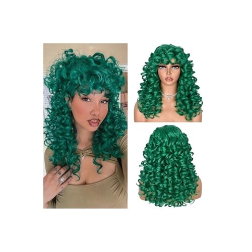 17 inch Long Curly Wigs with Bangs for Women Synthetic Hair Wig Vintage Hairstyle for Daily Use Party Cosplay Fügt Haarvolumen hinzu(Green) von YUHANXINHESHE