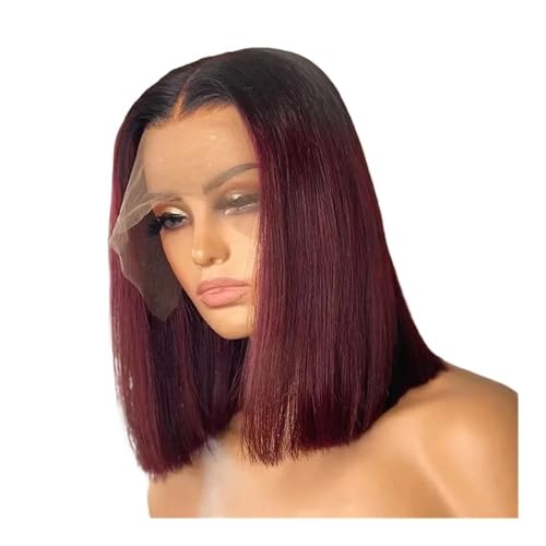 1B/99J Burgunderrote, glatte Bob-Perücke, Echthaar, 180 Dichte, 4 x 4 HD-Spitze, kurze Bob-Perücken mit Frontalansatz for Frauen Fügt Haarvolumen hinzu(14inch) von YUHANXINHESHE