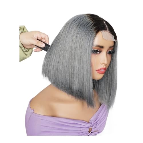 2 x 4 Lace-Front-Perücken aus Echthaar ohne Klebstoff, 300 Dichte, kurze, glatte Bob-Perücken for Frauen Fügt Haarvolumen hinzu(Grey,10inch) von YUHANXINHESHE