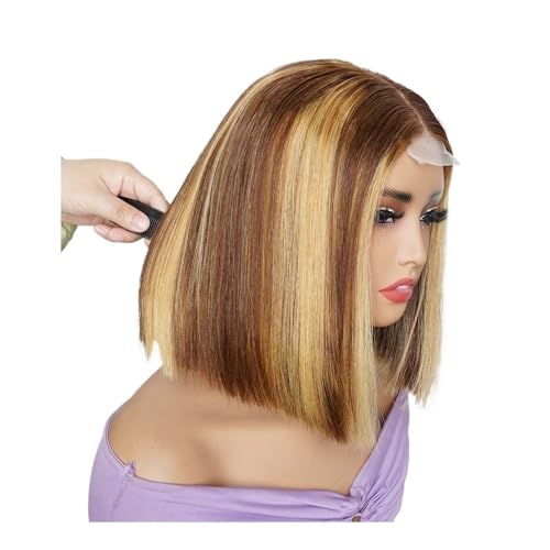 2 x 4 Lace-Front-Perücken aus Echthaar ohne Klebstoff, 300 Dichte, kurze, glatte Bob-Perücken for Frauen Fügt Haarvolumen hinzu(P4 27,12inch) von YUHANXINHESHE