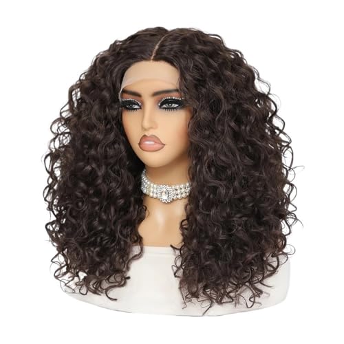 20 Zoll lockige synthetische Lace Front Perücke for Frauen schwarz T Teil 13 x 4,5 x 1 Lace Frontal Perücke Fügt Haarvolumen hinzu(Dark brown) von YUHANXINHESHE