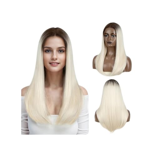 22" Wear and Go klebefreie Perücken, synthetische Lace-Front-Perücke, glattes Haar for Frauen Fügt Haarvolumen hinzu(Ombre Light Blonde) von YUHANXINHESHE